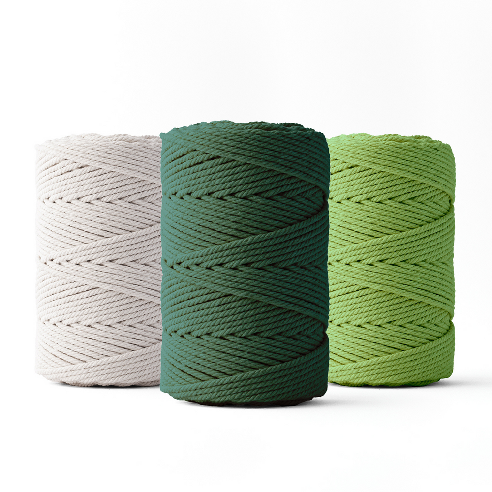 Corde macramé 2 mm – lot de 3 couleurs vert clair/vert foncé/blanc – 70 m